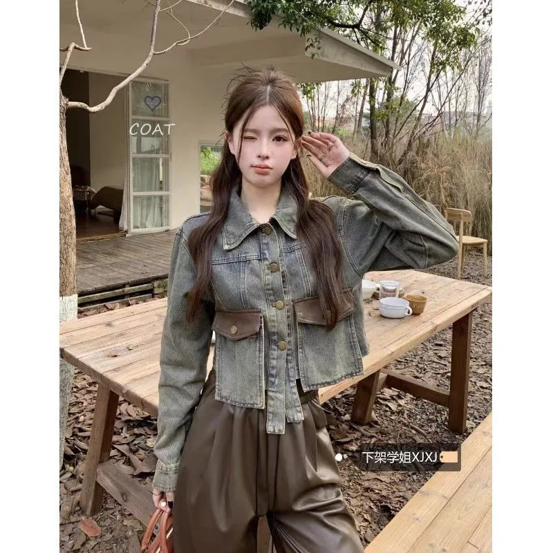 

Women's Autumn Spring Tops Coat Cowboy Splicing Short Long Sleeve Vintage Simple Casual Designed Fashion Niche Versatile Skinny