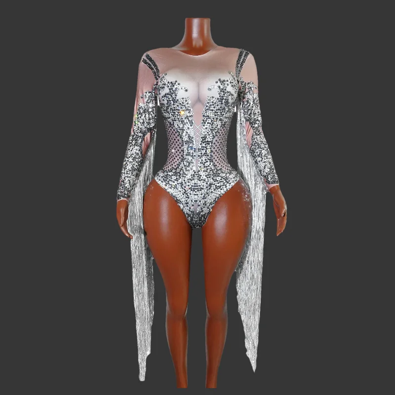 

Madam Sexy Rhinestone Tassel Bodysuit Big Stretch Nightclub Prom Bar Singer Costume Stage Show Dance Party Drag Queen Outfit