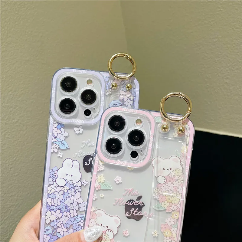 for Huawei Pura 70 Pro P60 P50 P40 P30 P20 Lite Mate 20 Case Cute Flower Rabbit Transparent Phone Holder Wrist Strap Cover Fudna