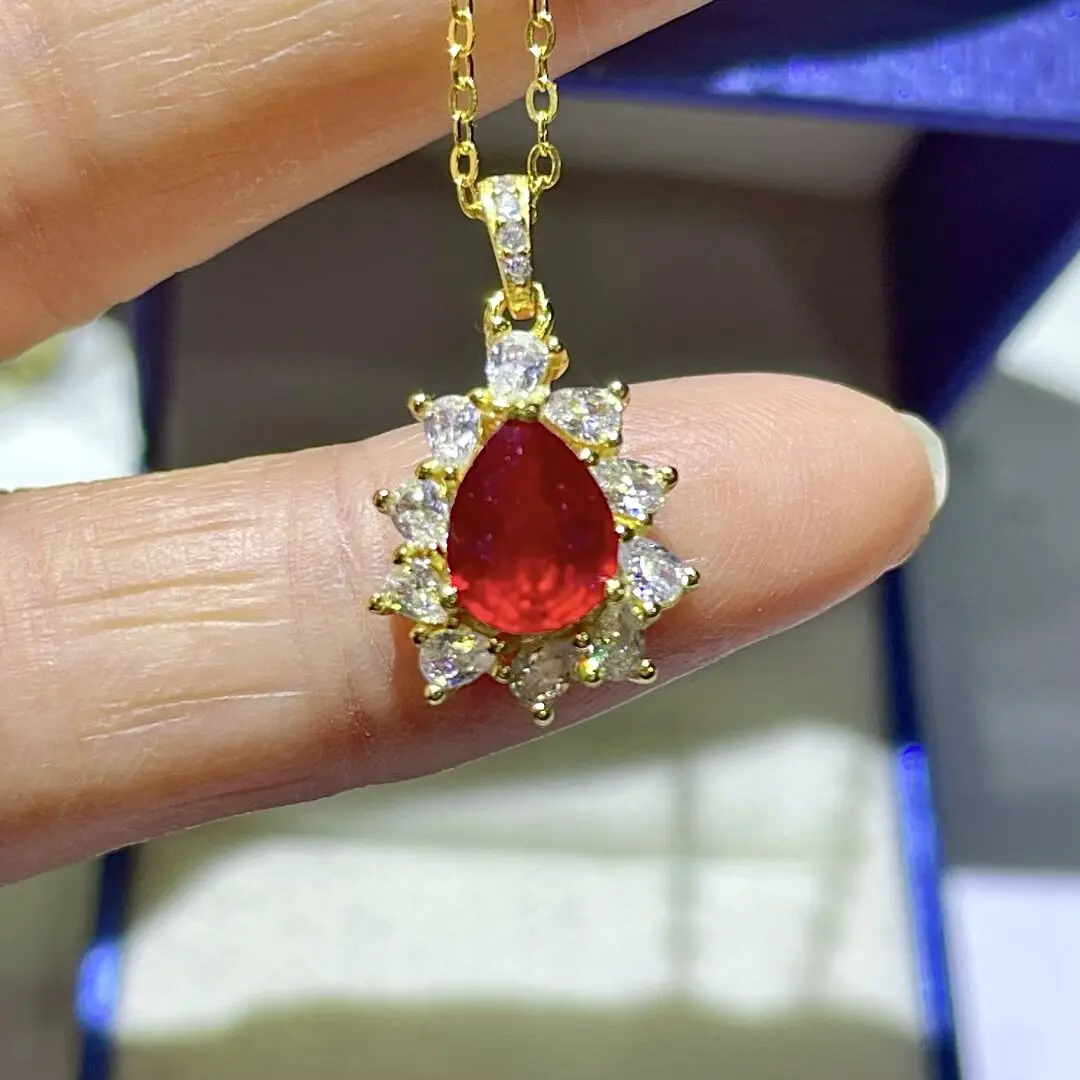 Classic 925 Silver Ruby Pendant for Party Total  6mm*8mm  Natural Ruby Necklace Pendant with 3 Layers 18K Gold Plating