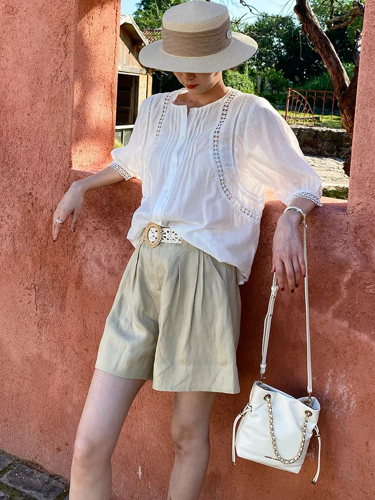 

French Style Lace Patchwork Loose Fit Shirt Women's Five Sleeve Thin Spring Summer White Artistic Style Top Breathable