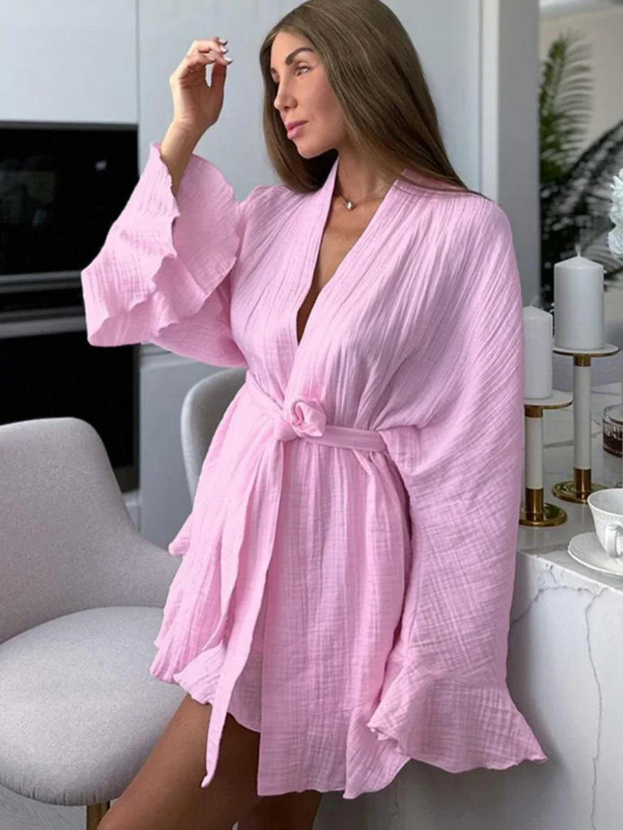 Mozuleva Autumn Long Sleeved Loose Pajamas 100% Cotton Women\'s Fashionable Ruffled Edge Nightgown Shorts Set Loose Home Clothing