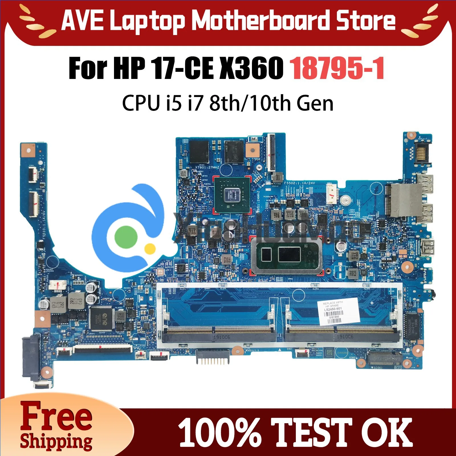 

Laptop Motherboard For HP 17-CE X360 L52450-601 448.0G811.0011 18795-1 Notebook Mainboard i5 i7 8th 10th MX250 Full Tested