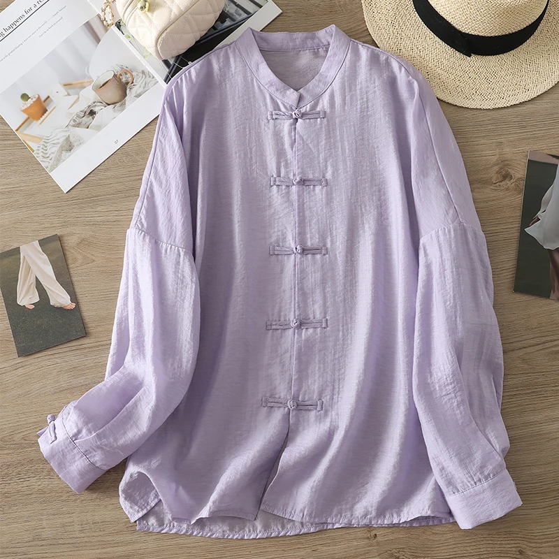 

Ele Purple Chinese Sle irt Women's Spring Autumn New Thin Sun Protection Cotton Linen Top Open Cardigan Long Sve