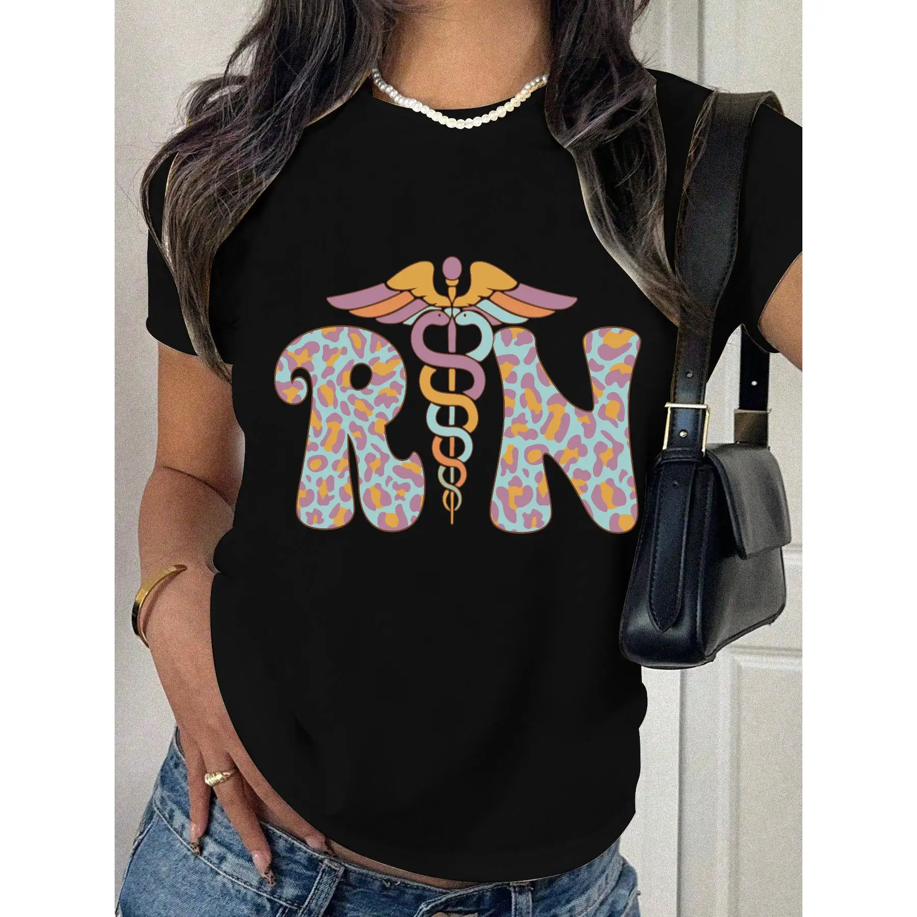 

Vintage RN T-Shirt, Retro Leopard Print Caduceus Graphic Tee, Women's Registered Nurse Gift Top, Cute Nurse Life Loose Fit Shirt