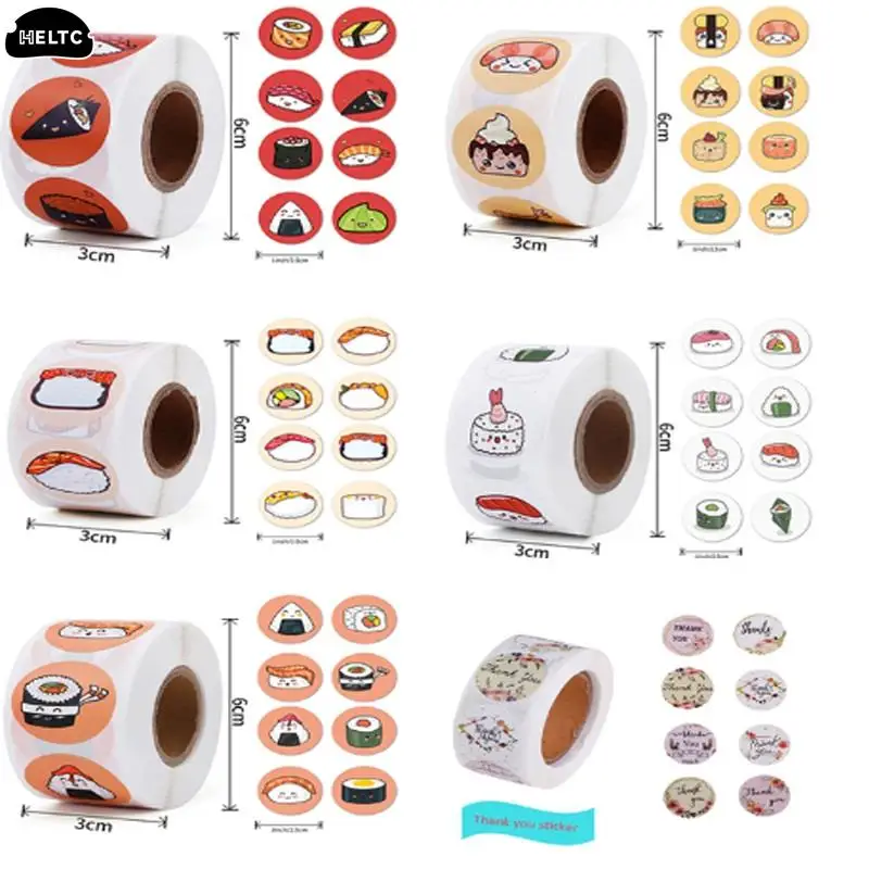 1Roll /500sheets Circular Cartoon Sushi Pattern Sticker Birthday Wedding Decor Sticker Baked Dessert Lunch Box Label Sticker