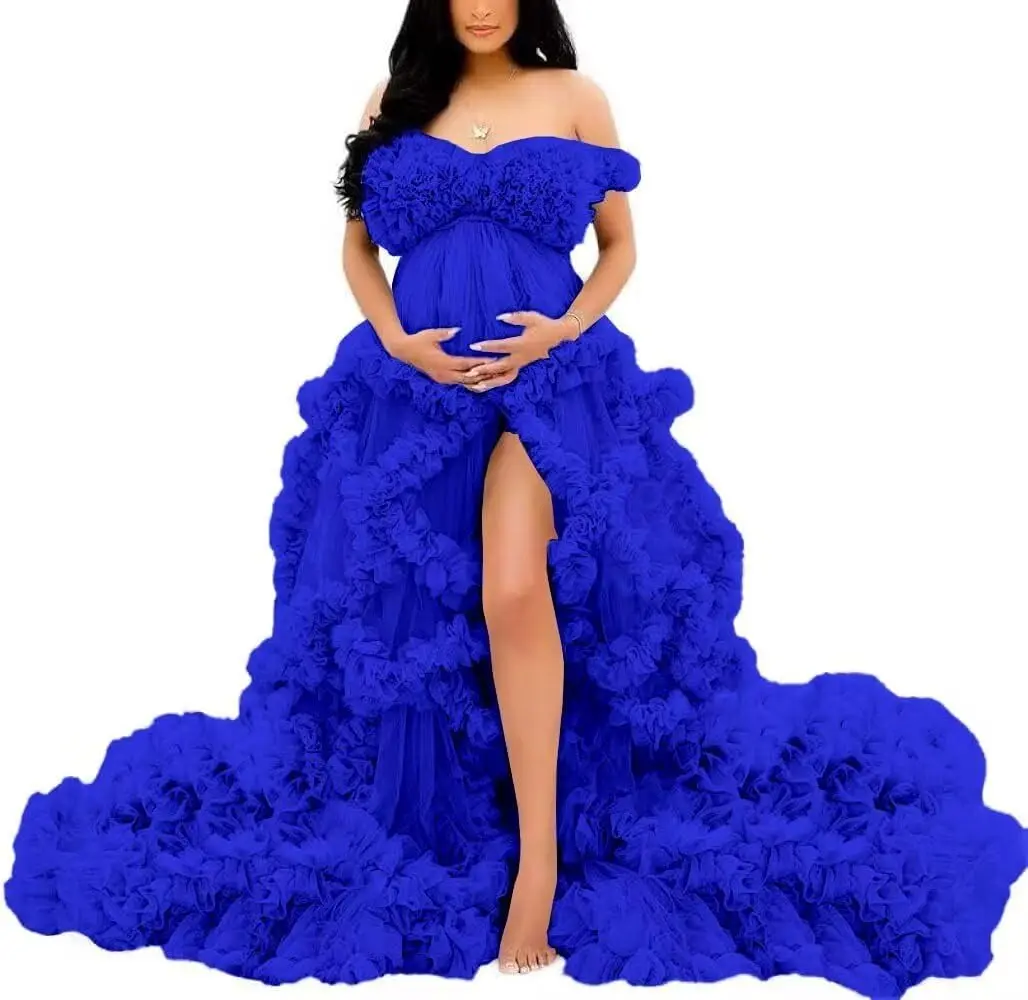 Fotoshoot & babyshower tule zwangerschapsjurk - off-shoulder, puffy ruches, elegante lange jurk voor zwangerschap