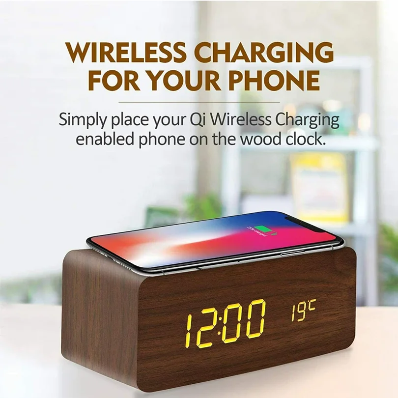 Wooden Digital Alarm Clock with Wireless Charging LED Clock with Time Date Temperature Desk Clocks for Office Bedside Clock