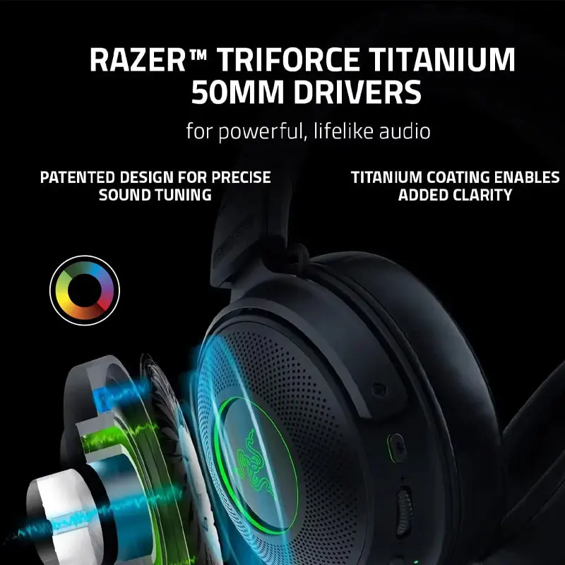 Razer Kraken V3 Pro HyperSense Wireless Gaming Headset Triforce Titanium 50mm Drivers THX Spatial Audio HyperSpeed Wireless