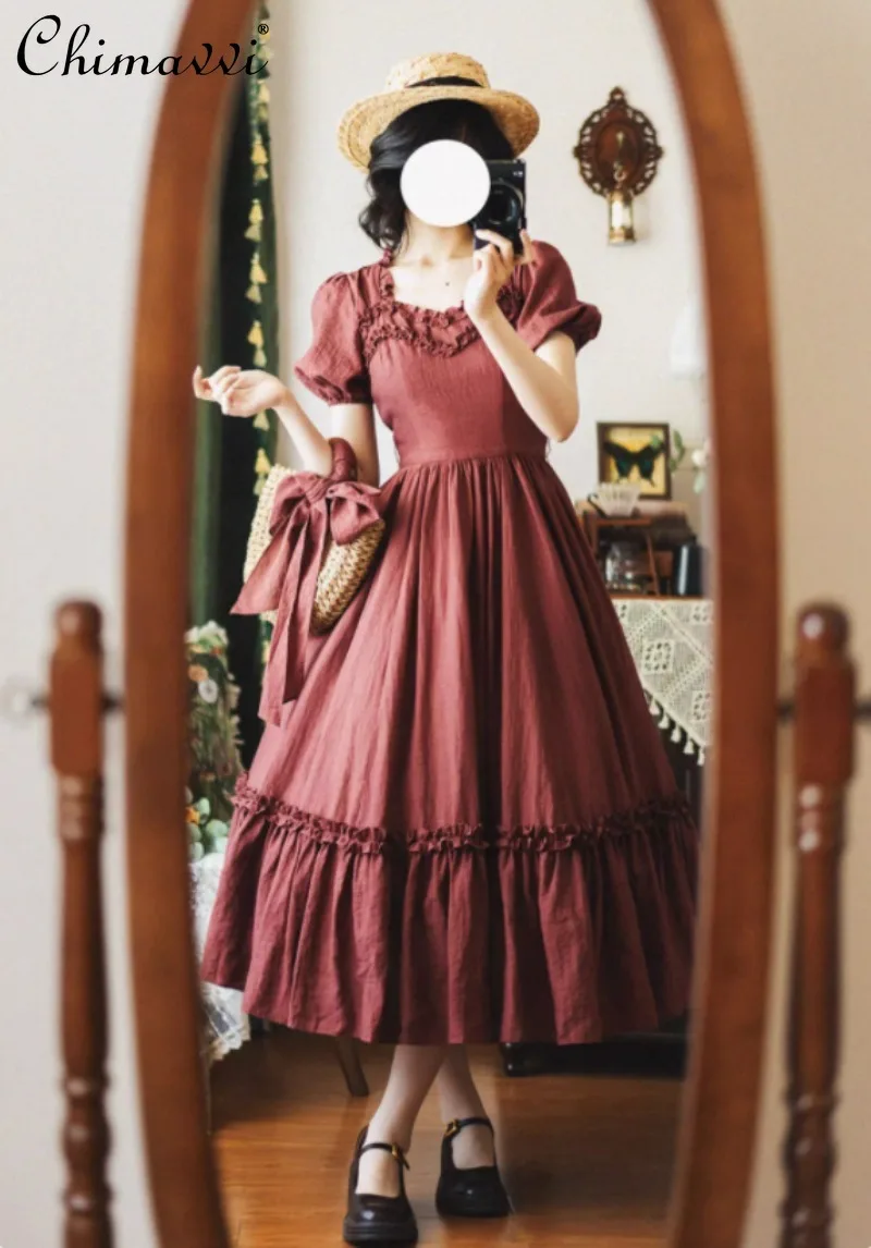 

Original French Retro Square Neck Ruffle Dress 2025 Autumn New Princess Style High Waist Elegant Party Long Dresses Women