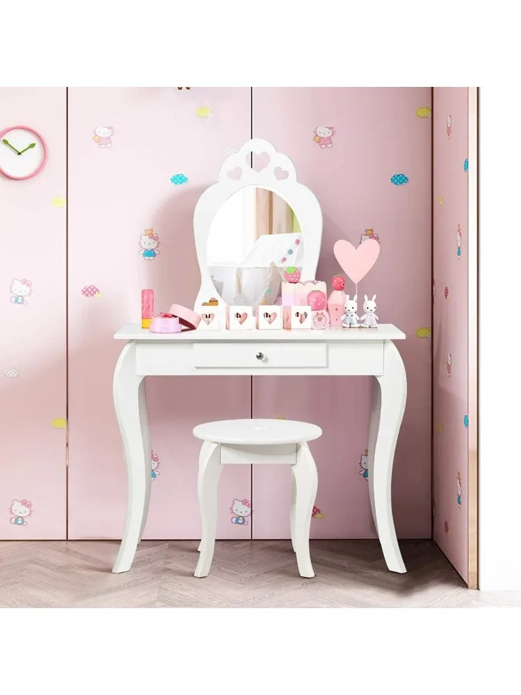 

Kids Vanity Set with Mirror, Toddler Wooden Vanity Table with Stool & Drawer, Princess Pretend Play Beauty Makeup Dressing Table