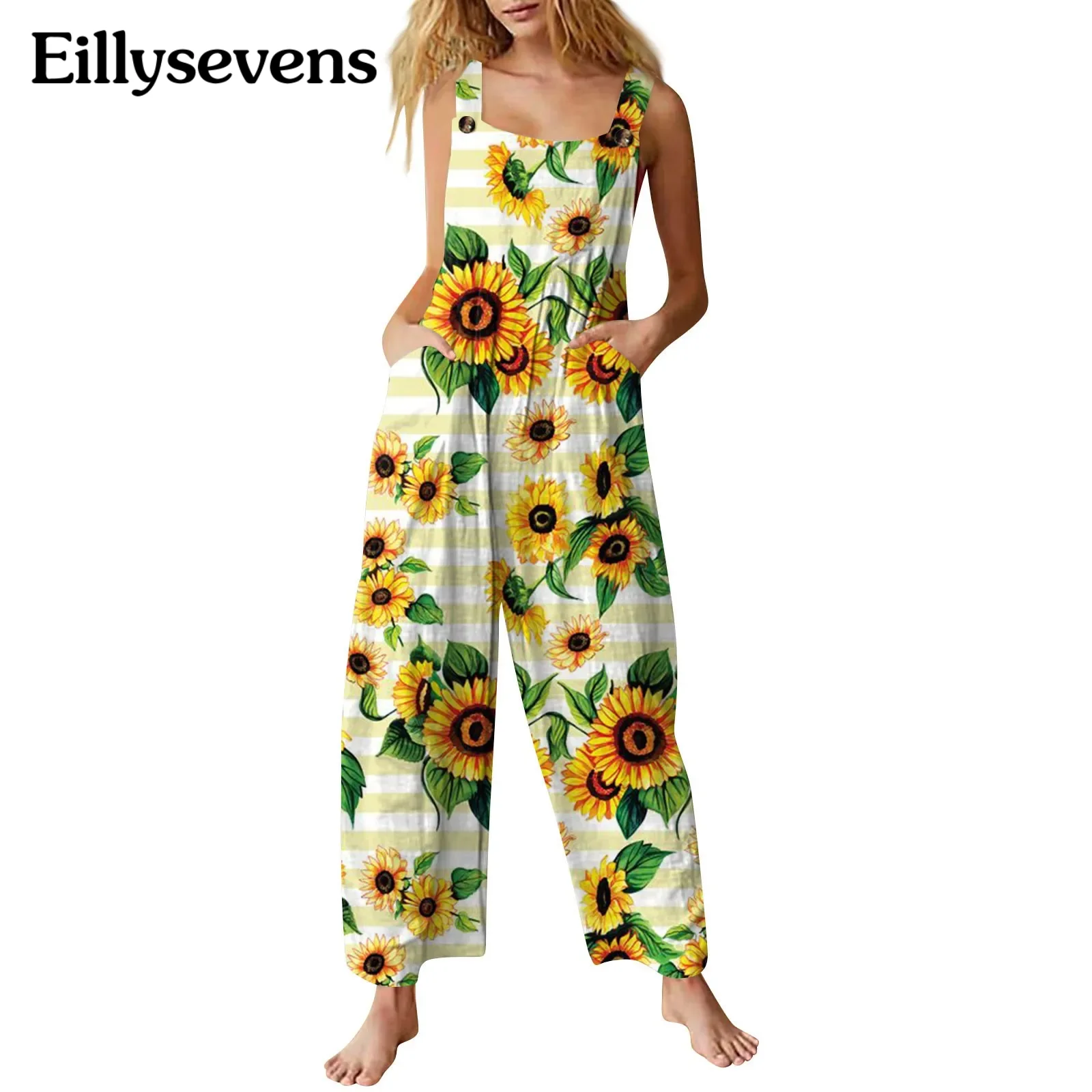 

Women Loose Overalls Sunflower Printed Pattern U-shaped Collar Sleeveless Jumpsuits Female Summer Cotton Linen Casual Rompers