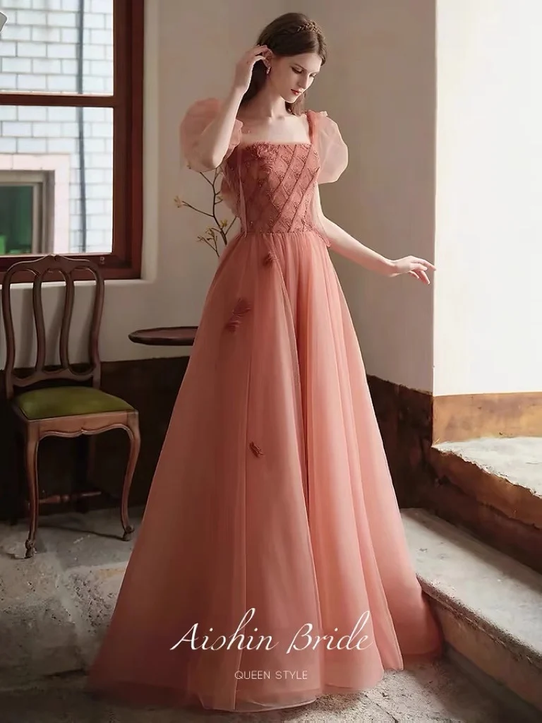 Orange Pink Evening Dress Strapless Puff Sleeves Luxury Beading Tulle Applique A Line Wedding Party Celebrity Prom Gown 2023 New