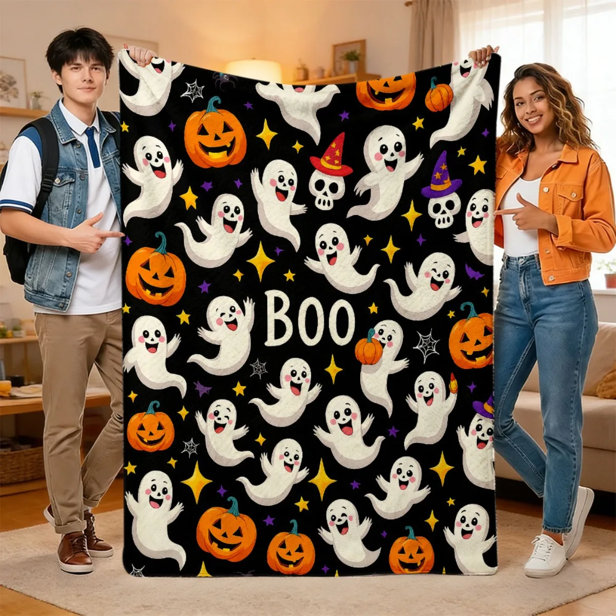 Halloween Blanket with BOO Ghosts, Pumpkins & Bats - Soft Flannel Bedspread Suitable for Sofa, Bed, Floor Decor 280GSM Cozy Orange, Black, White Throw for Year-Round Use, Contemporary Bedding for Rooms And Spooky Season Parties
