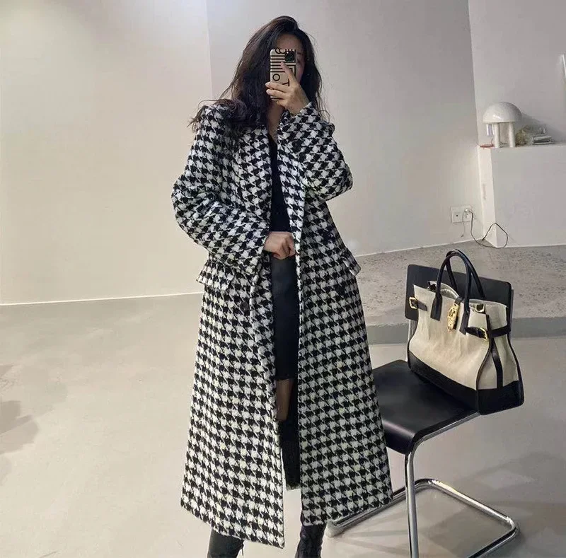 Sobretudo longo de peito único feminino, roupa grossa e quente, jaqueta de lã falsa, elegante moda coreana, Houndstooth, inverno, outono