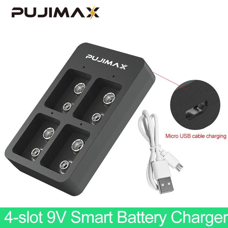PUJIMAX inteligentna szybka ładowarka 4 gniazda 9V ze wskaźnikami LED kabel USB do akumulatorów 9V Ni-MH/Ni-Cd/Li-ion