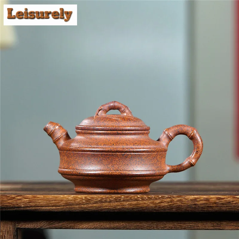 250ml Yixing Purple Clay Teapot Handmade Double Line Bamboo Drum Pot Raw Ore High Temperature Wood-fired Mud Kettle Zisha Teaset