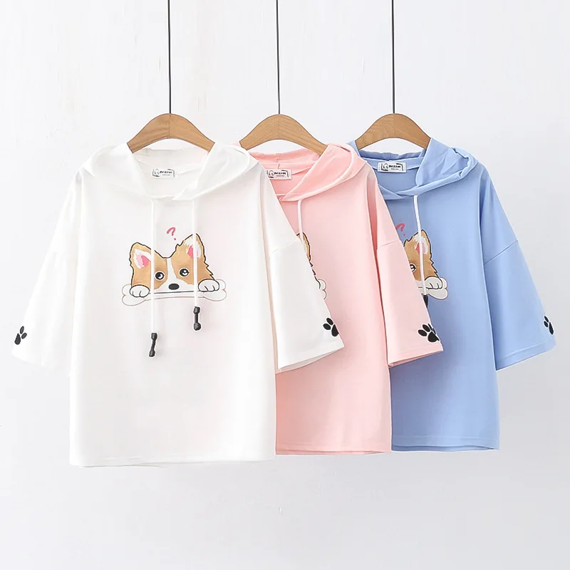 2024 Summer New Cute Tshirt Women Cartoon Corgi Print Hooded T-shirt Harajuku Aesthetic Tee Top Teenager Girls Kawaii Clothes