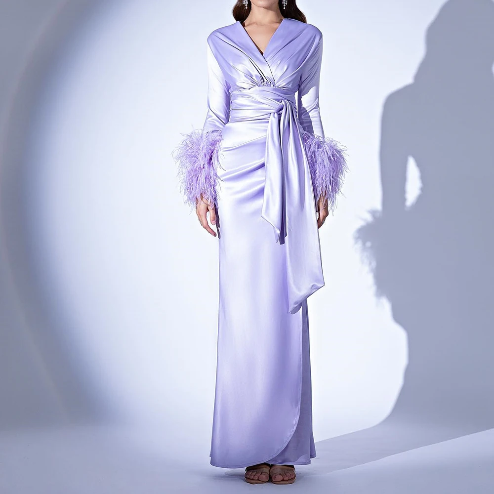 

Classic Feathers Pleats Belt Straight Evening Dresses Elegant V-Neck Satin Long Sleeves Purple Party Gowns vestidos de fiesta