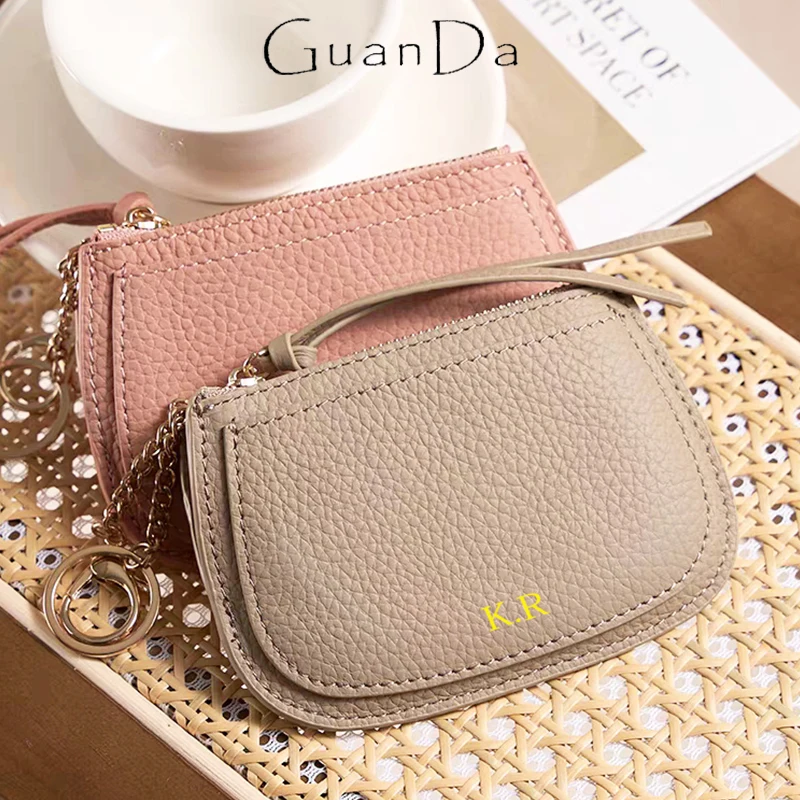 

Genuine Leather Woman Slim Coin Purse Luxury Designer Custom Initials Key Chain Cowhide Fashion Coin Wallet Business Card Holder