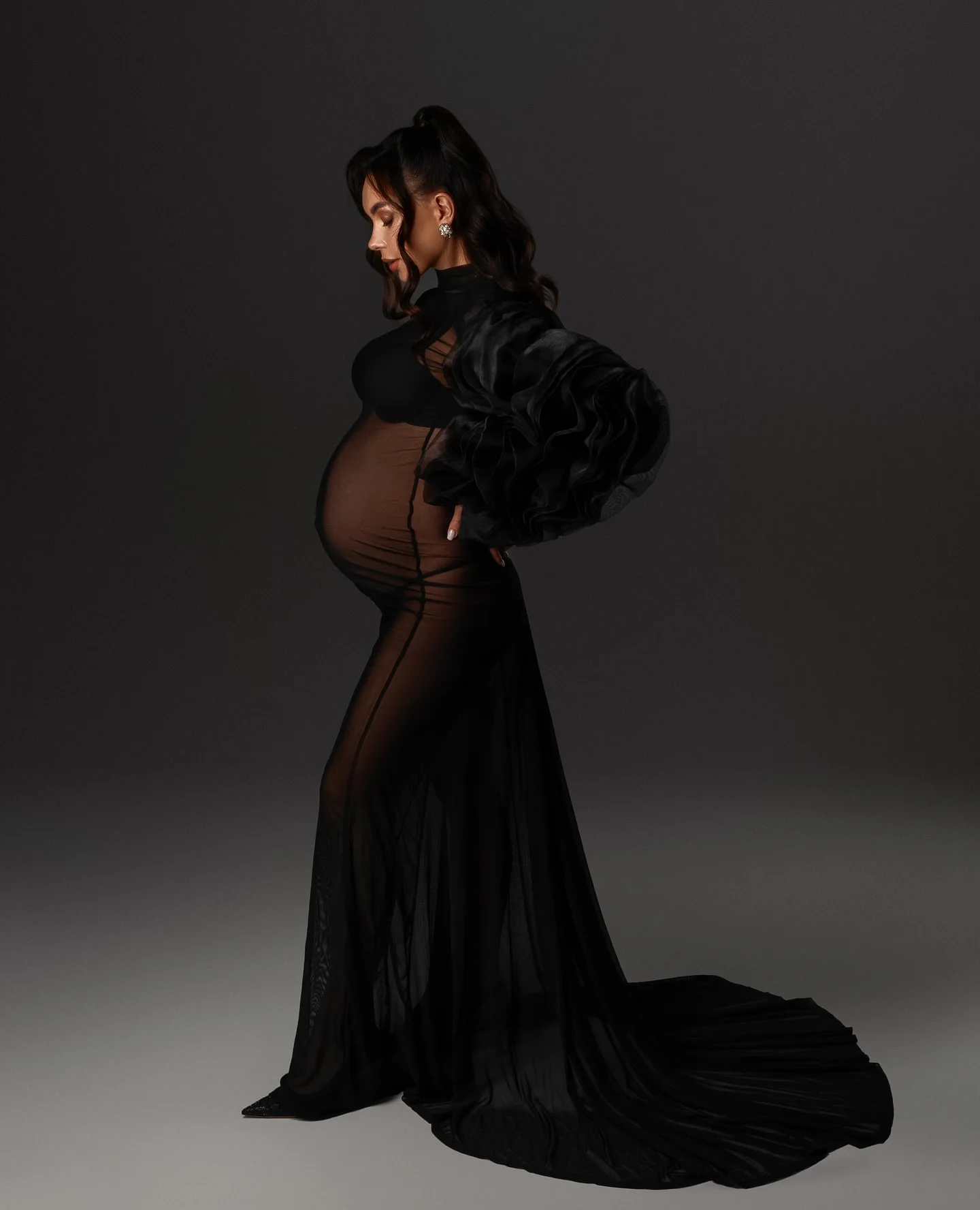 قوية سوداء شير فستان حمل التقطت الصور الكشكشة تول طويلة الأكمام الوهم تمتد استحمام الطفل فساتين فستان الحمل #2