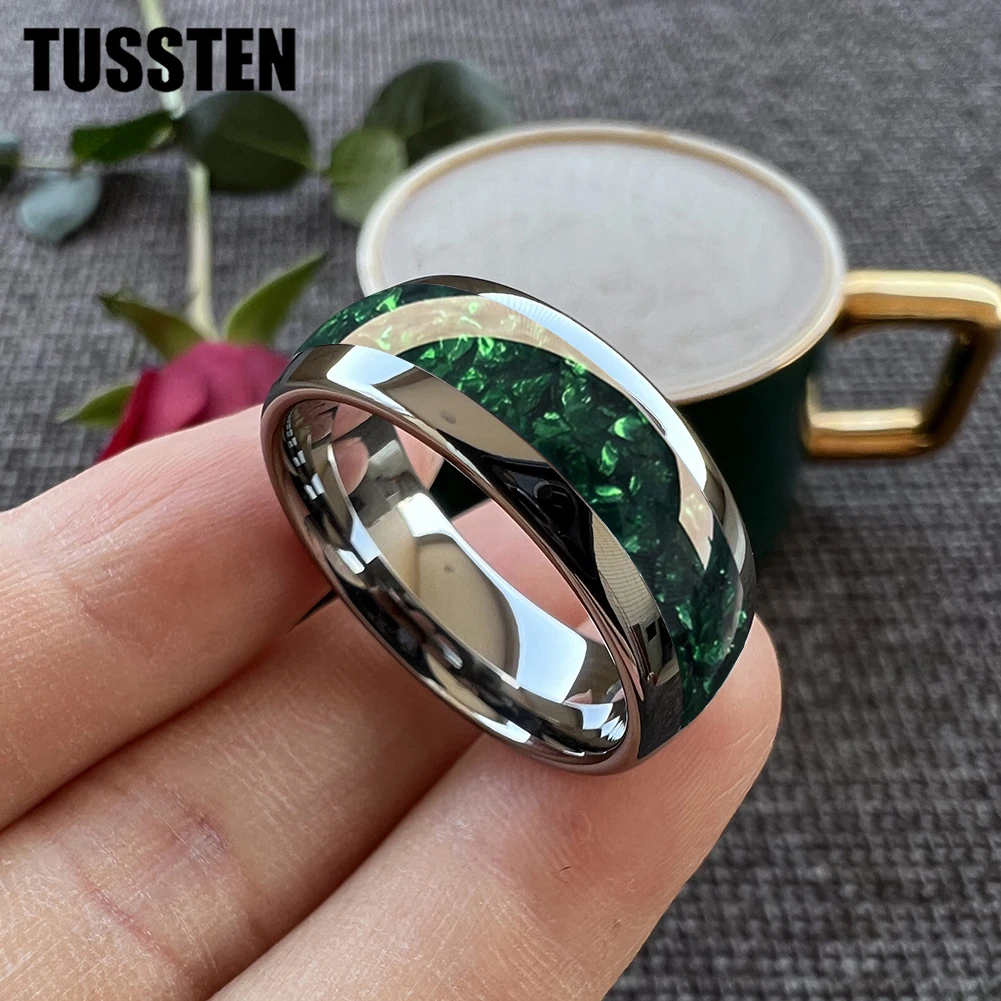 TUSSTEN 4/6/8MM anello nuziale in tungsteno da uomo e da donna intarsiato in pietra di cristallo verde vestibilità comoda