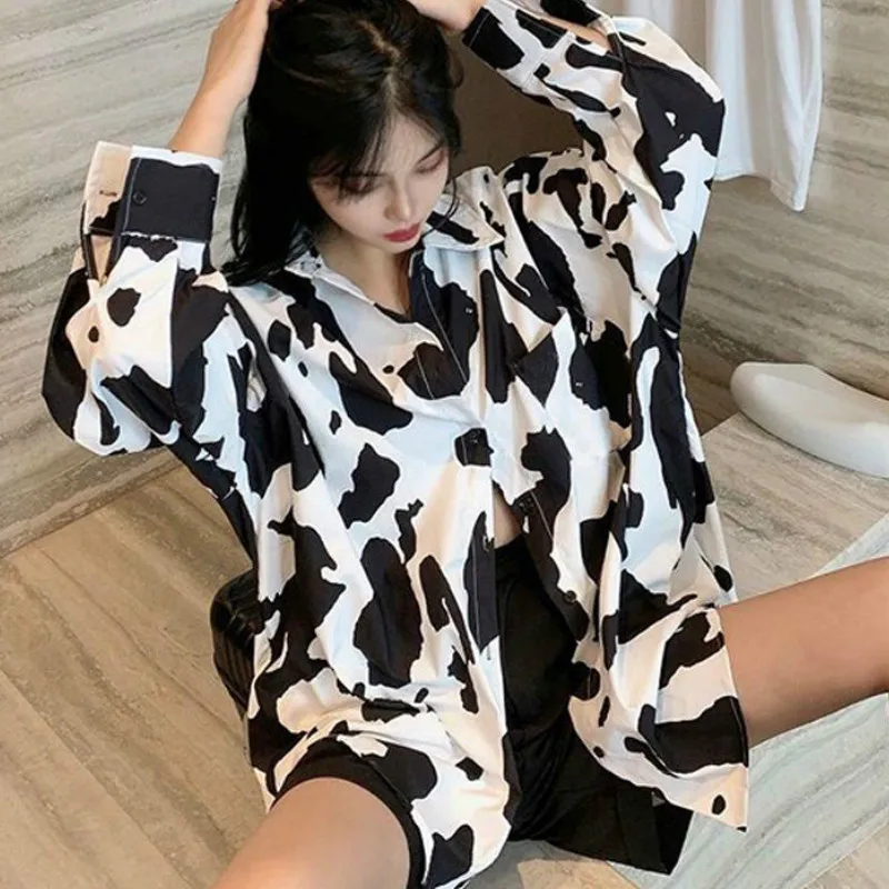 Shirts Womens Cow Pattern Printing Hot Sale Design Turn Down Collar Casual Loose Korean Style Cool Ulzzang Chic Autumn Fashion