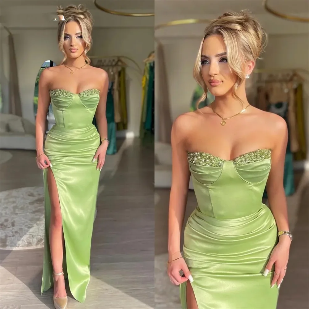 Grass Green فساتين السهرة Strapless Mermaid Vestidos De Noche Elegant Sleeveless Sexy Side High Split Prom Dresses 2024