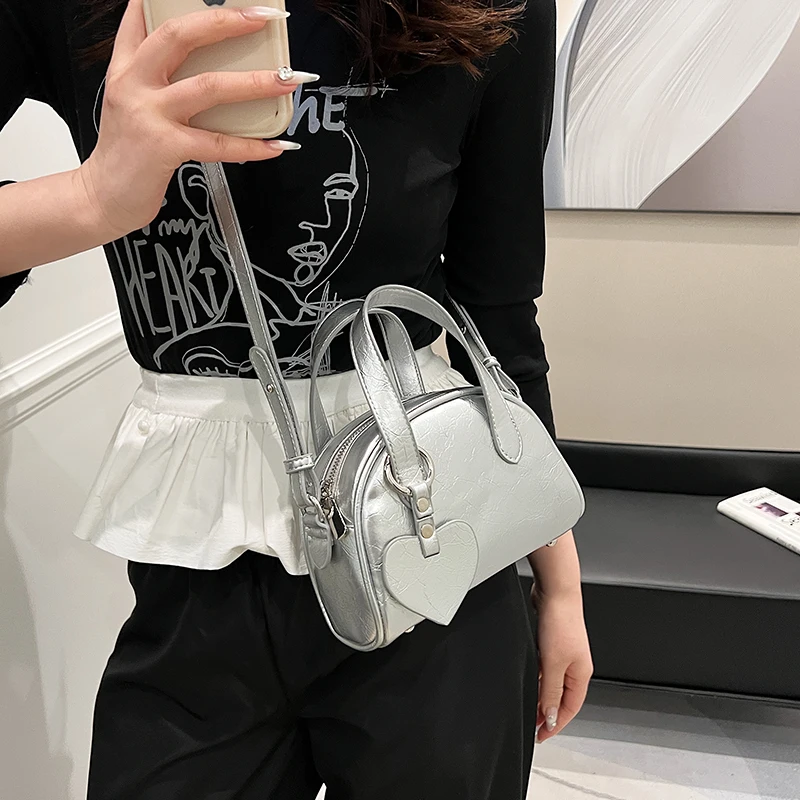 LEFTSIDE Small Silver Crossbody Bags with Short Handle for Women 2024 Trend Fashion Leather Shoulder Bag Handbags and Purses