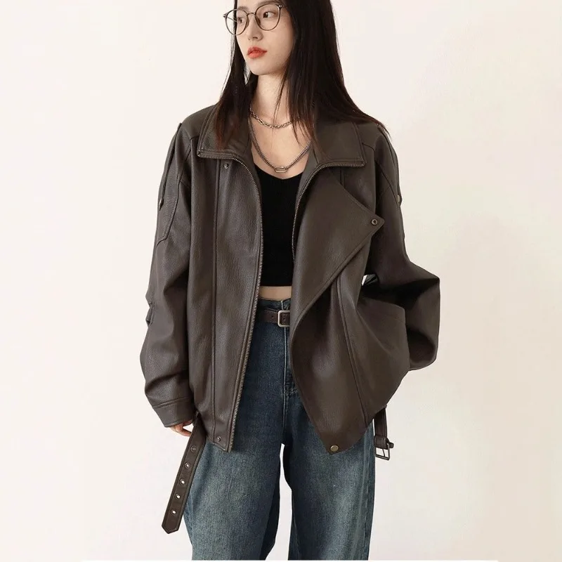Spring and Autumn Loose Versatile Jacket Top American New Heavy Industry Retro Maillard Locomotive Leather Jacket Men and Women
