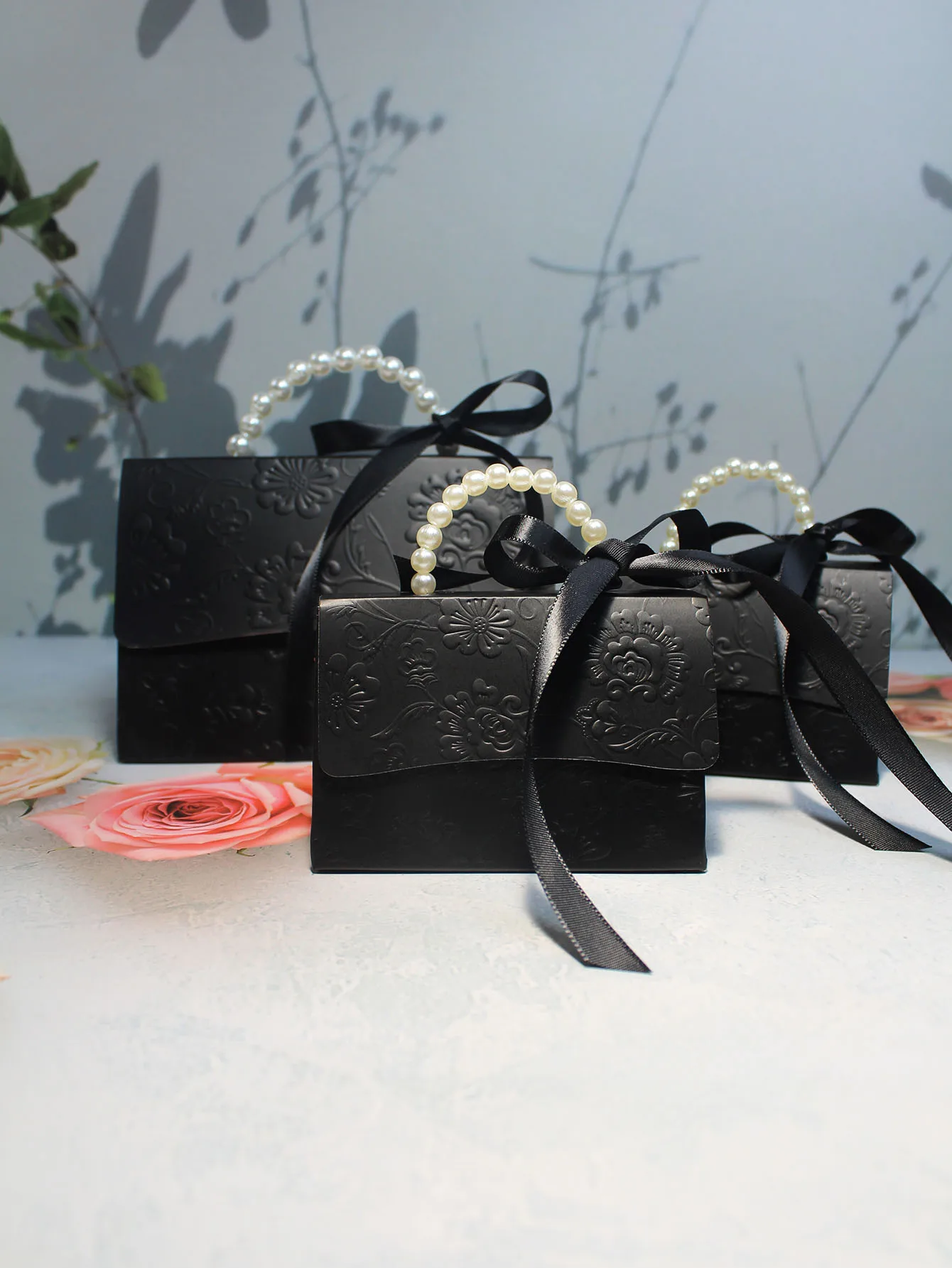 Stylish Embossed Gift Box in Black White Variants with Satin Ribbons Pearl Handles Available in Multiple Sizes for All Occasions