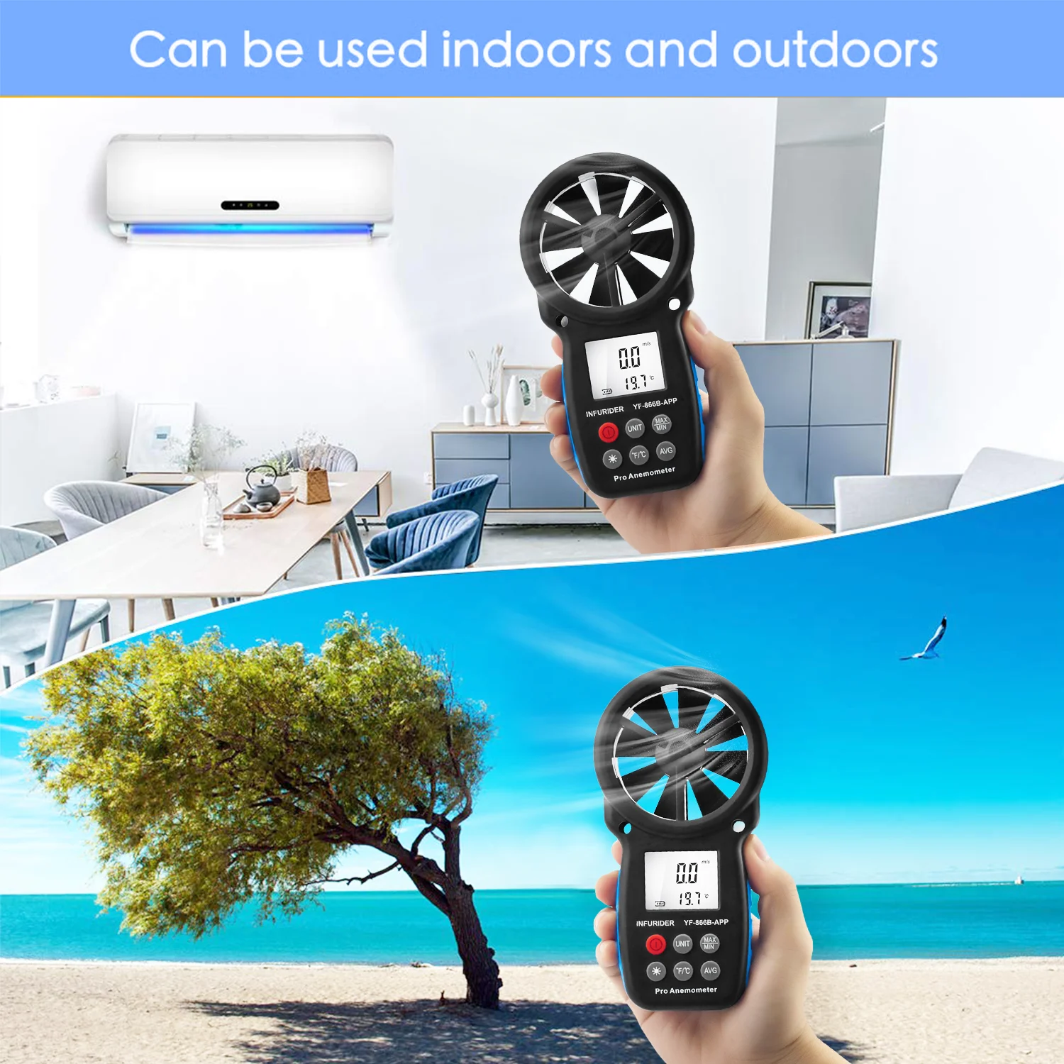 HoldPeak HP-866A/HP-866B/866B-APP Digital Anemometer Wind Speed Meter Measures Wind Temperature Wind flow with Data Hold & USB