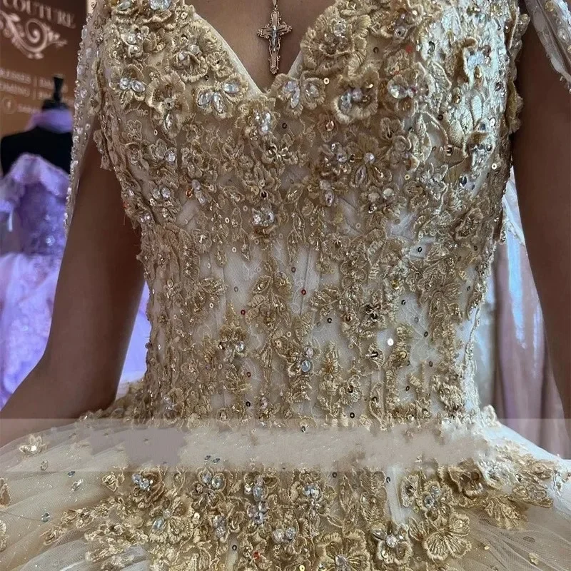 Vestidos de Quinceañera de champán brillante, de lujo para fiesta de cumpleaños vestido de baile, escote Corazón, apliques de cuentas, corsé, tren de corte