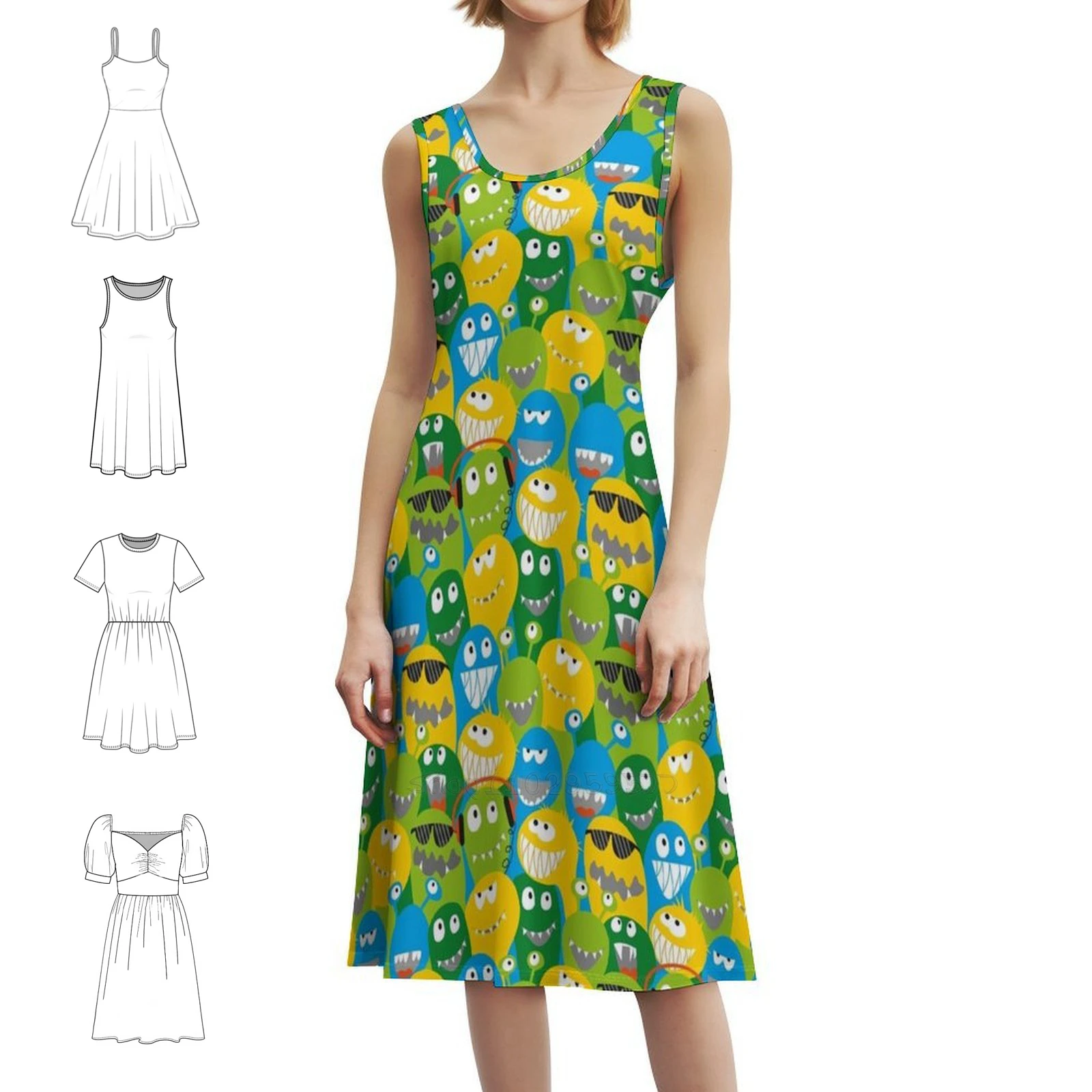 

Monster Fun-Green Yellow Blue Bohemian Sleeveless Dress For Women Print Beach Party Dresses Monsters Monster Michaela Kobyakov