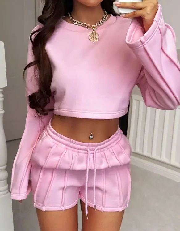 

Autumn New Casual Long Sleeve Sweatshirt & Yoga Shorts Set for Women Sports Style Fashion Women's Comfortable Shorts Outfits