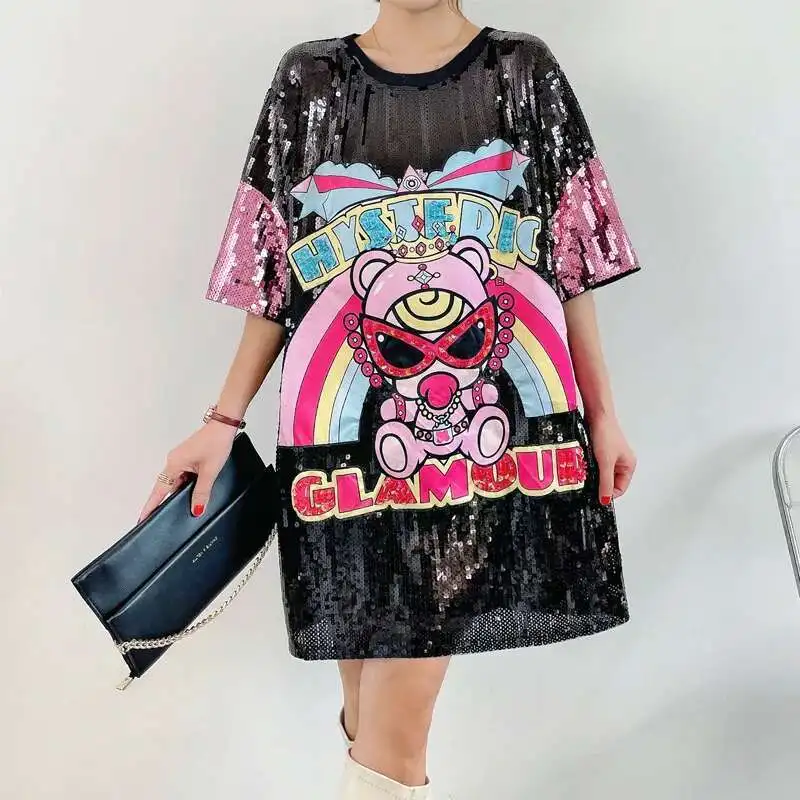 # 0208 Летняя черно-белая футболка с мультяшным принтом и блестками, женская свободная уличная футболка в стиле хип-хоп, забавные длинные женские футболки # 0208 Летняя черно-белая футболка с мультяшным принтом и блестками, женская свободная уличная футболка в стиле хип-хоп, забавные длинные женские футболки