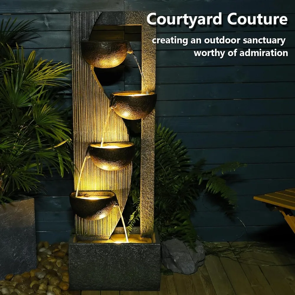 Fountain Outdoor Garden Fountain 5 Levels Modern Waterfall Fountain with LED Lights for Garden, Terrace, with Adjustable Pump