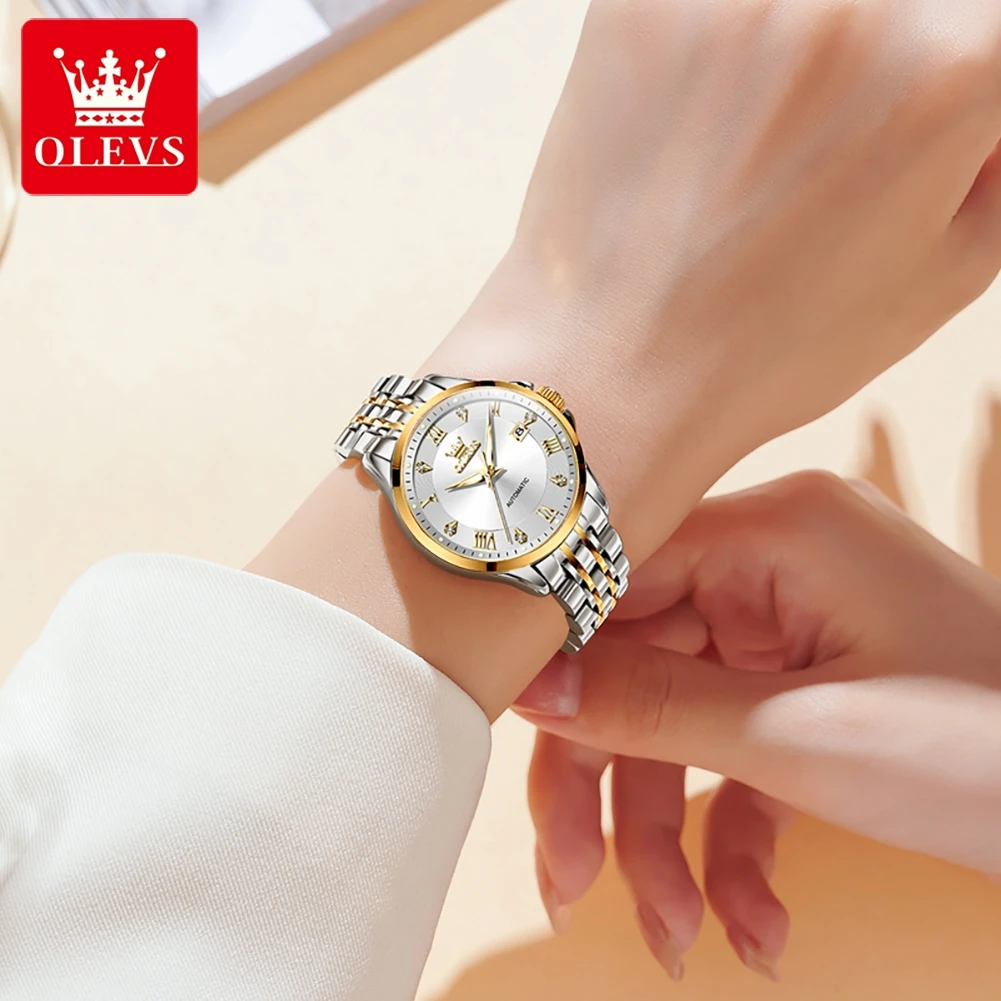 OLEVS 6702 Woman Watch Steel Strap Auto Date Mechanical Watch For Women Roman Scale Luxury Luminous Waterproof Ladies Hand Clock