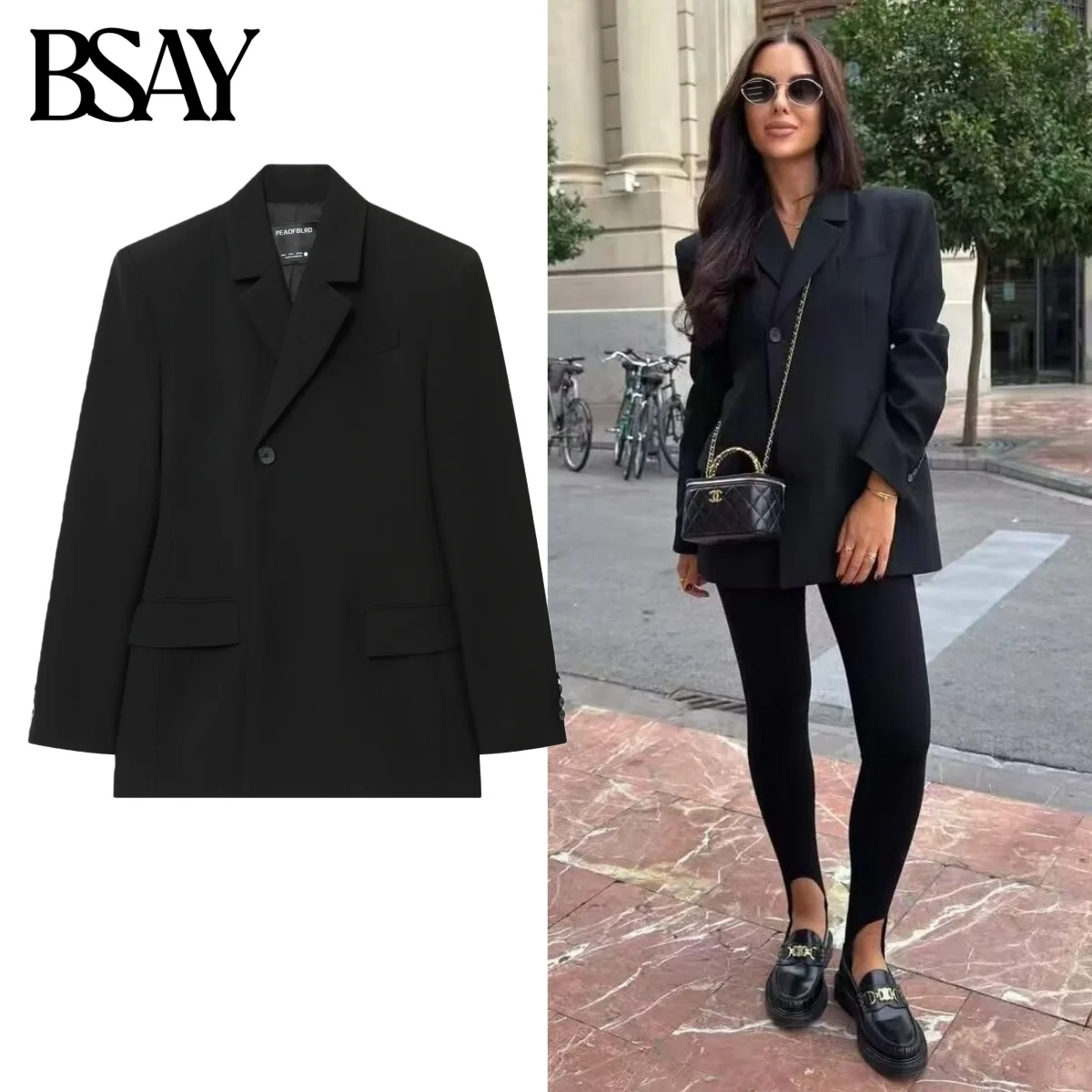 

BSAY Slim Blazers for Women Fashion Autumn Winter New Solid Long Sleeve Single Buckle Pocket Suits Jacket Chic Female Coat