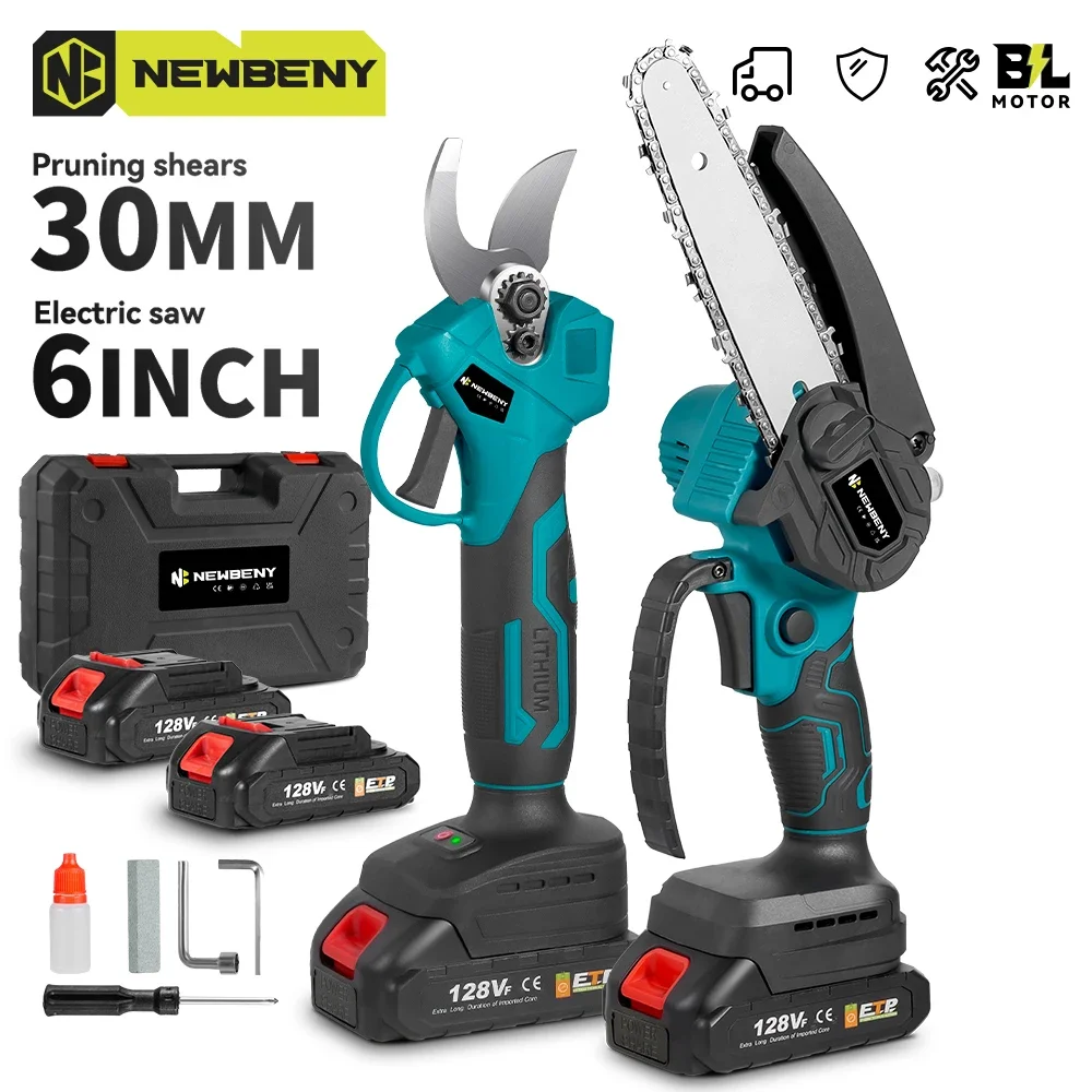 NEWBENY Brushless 6 Inch Electric Saw+ 30mm Electric Pruning Shears Set Cordless Garden Woodworking Tools For Makita 18V Battery