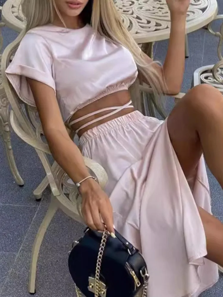 

Fashion Satin Skirts Set Outfits Woman 2025 New Summer Chic O-Neck Lace Up Short Sleeved Crop Tops+High Waist Split Long Skirt