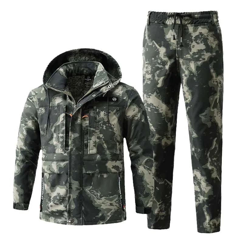 Winter Thicken Men Camo Suits Waterproof Tactical Jackets Training Set Multi-pocket Hooded Coats Fleece Pants Hunting Clothes