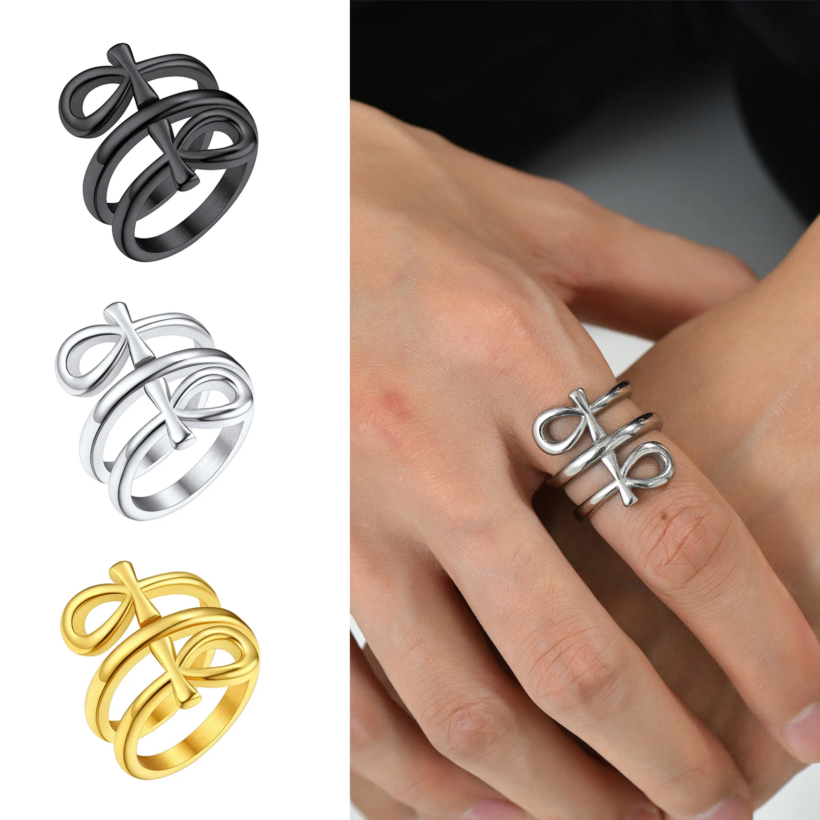 U7 Stainless Steel Ankh Cross Rings Wrapped Layered Ankh Ancient Egyptian Egypt Crux Ansata Key of Life Eternal Symbol Jewelry