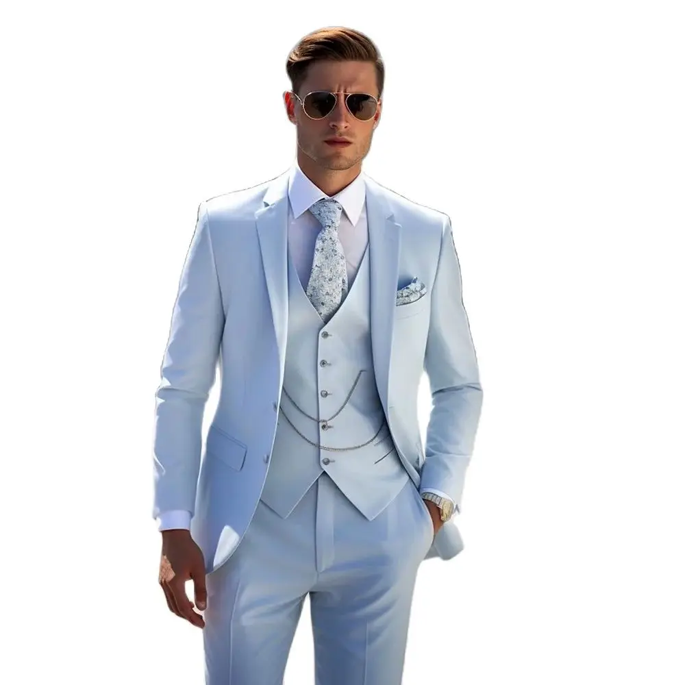 STEVDITG-Costumes bleu ciel pour hommes, revers cranté, simple boutonnage, satin, veste élégante 3 pièces, pantalon glacé, coupe couvertes, costume