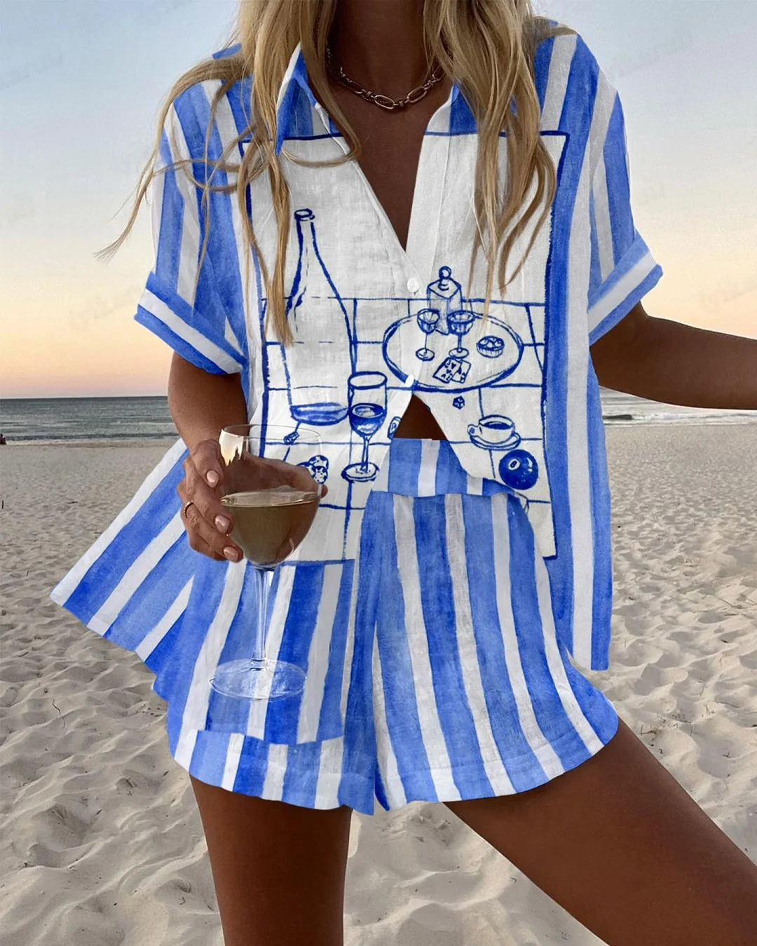 2025 Summer Vacation 2-Piece Shorts set 3D Printed Seaside Tropical Casual Lapel Shirt Blouse Shorts Suits Beach Holiday