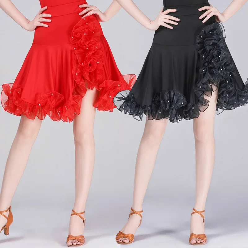 THEEPER Women Latin Dance Skirt, Ruffled Mesh Hem Pearl Decor Side Slit Ballroom Salsa Flared Dance Skirt for Dance Practice