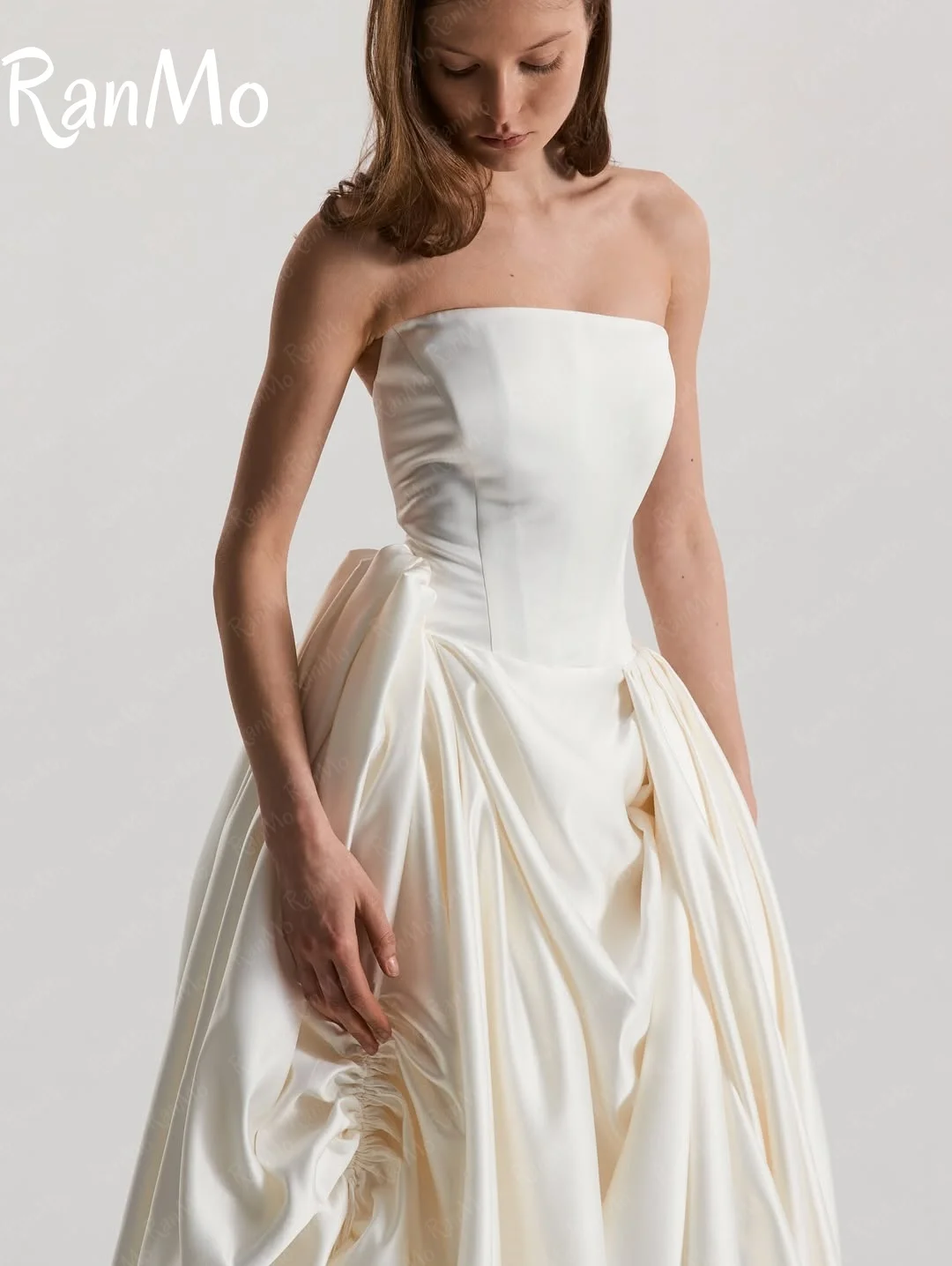 Ranmo Exquisite A-line Wedding Dress Elegant Strapless Bridal Gown Sleeveless Satin Floor-Length Customized Vestidos De Novia