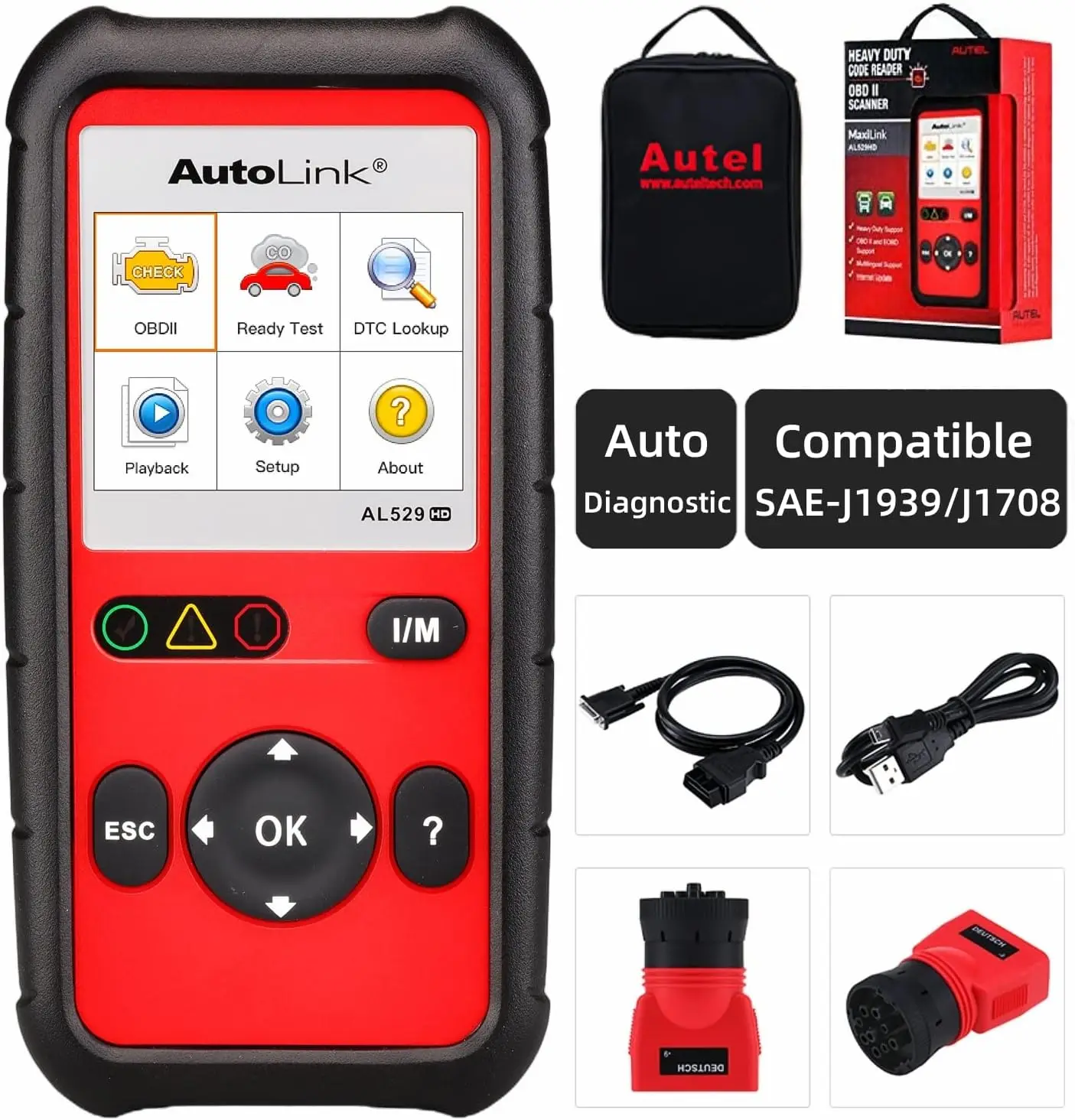ماسح ضوئي AutoLink AL529HD Obd2 مع ممسحة شاشة، قارئ رمز الشاحنة شديد التحمل، AutoVIN، قراءة/مسح DTC، البيانات المباشرة، شاشة O2 T