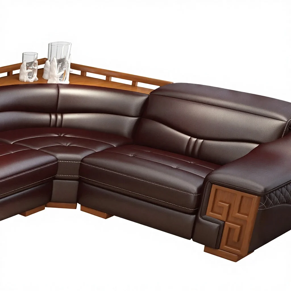 //Corner U-shaped Genuine Leather Sofa Set Hotel Style Modern Lounge Suite Bluetooth Speaker Multifunctional High-density Sponge