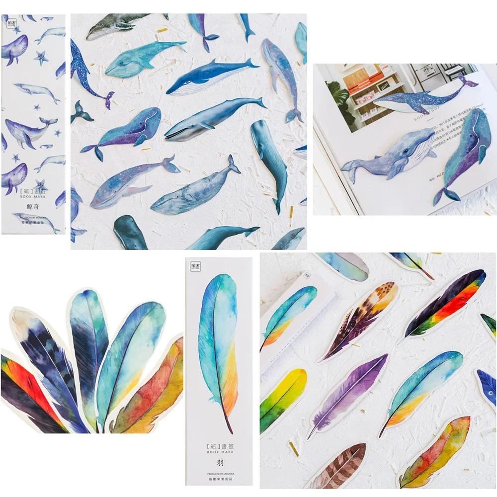 Marcadores de papel com Whale Feather Shape, papelaria, notas, cartões para mão Carft, 30pcs/caso